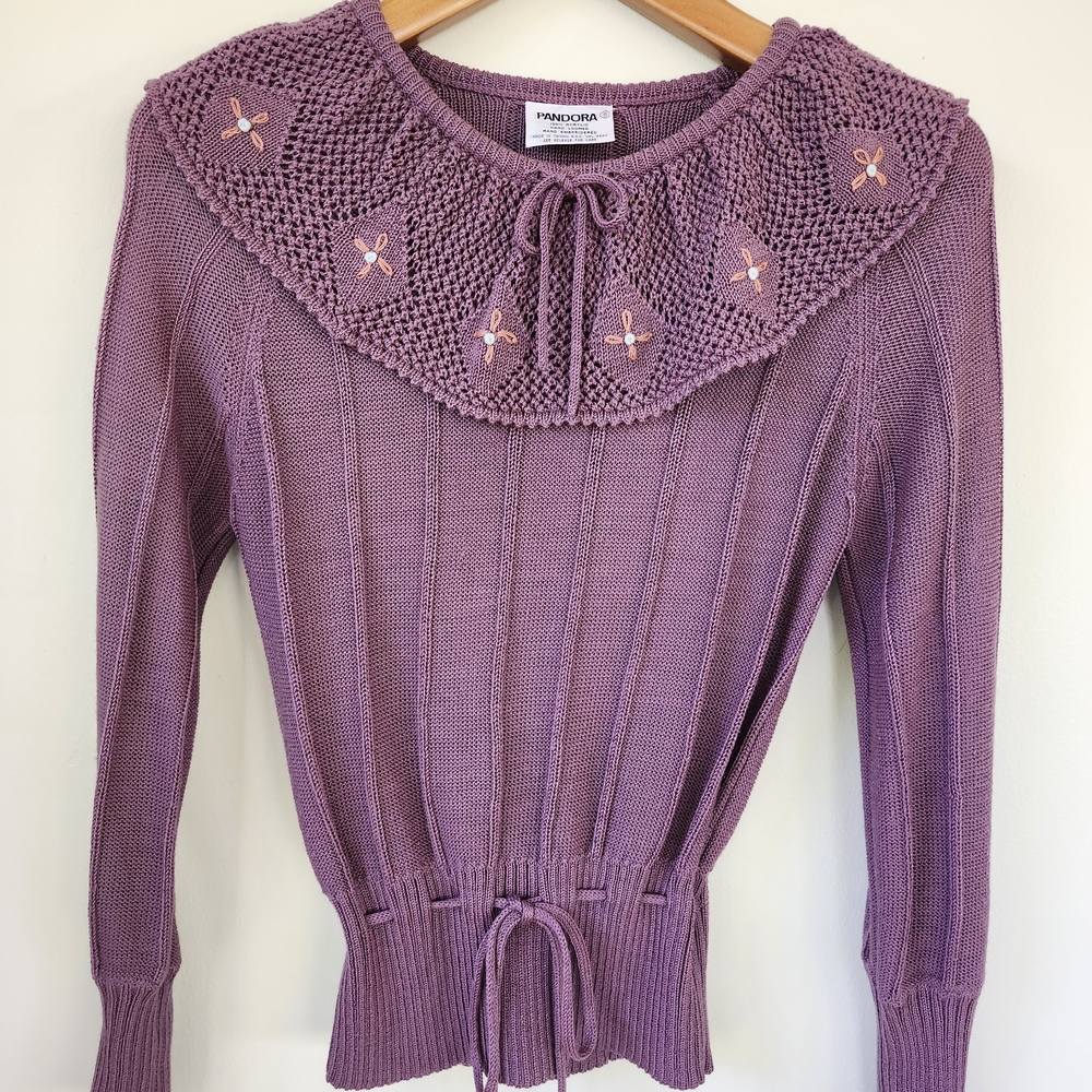 Vth 80s Pandora Lavender Knit Sweater Lace Pointelle Collar Drawstring Coquette